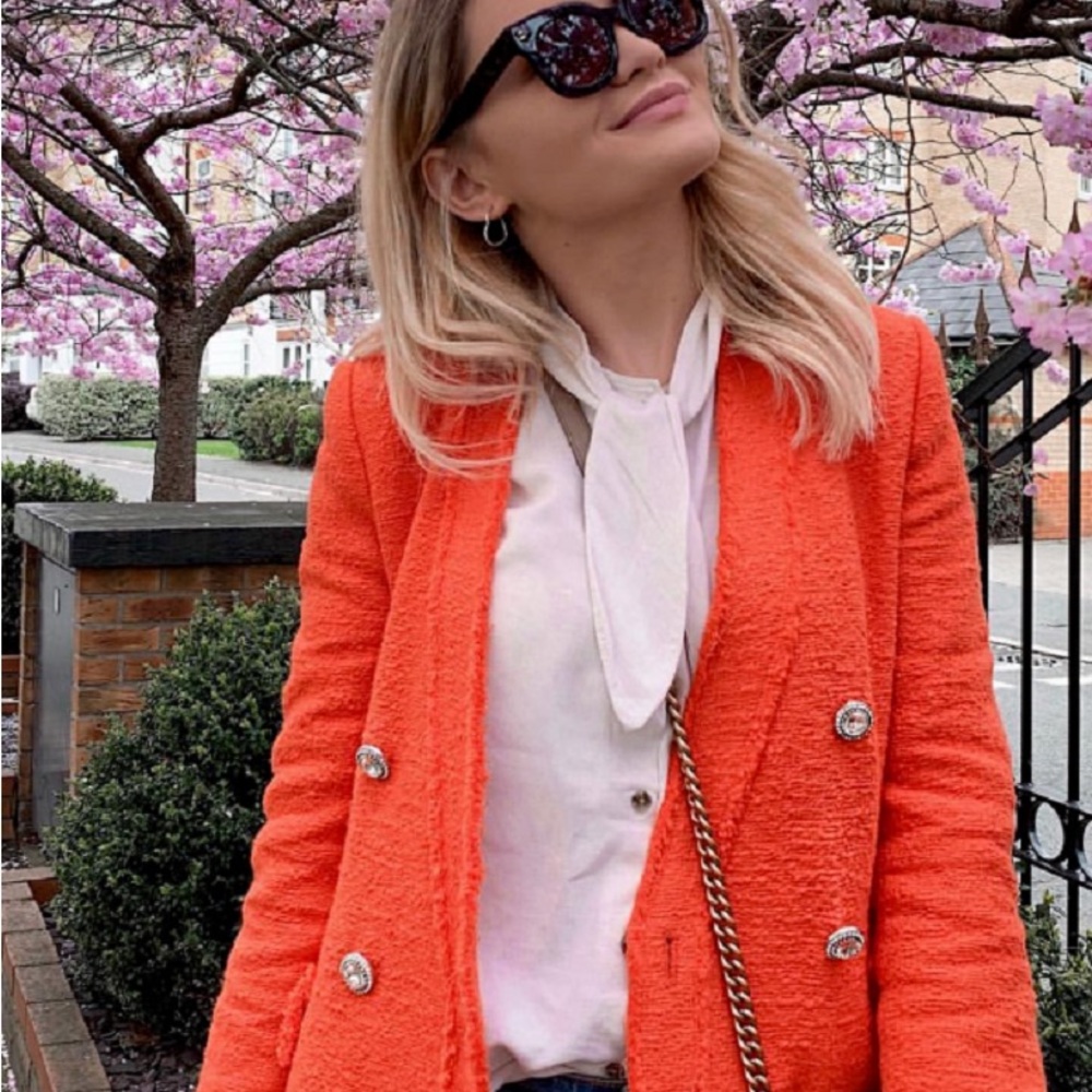 Zara Vibrant Orange Blazer with Silver Buttons
